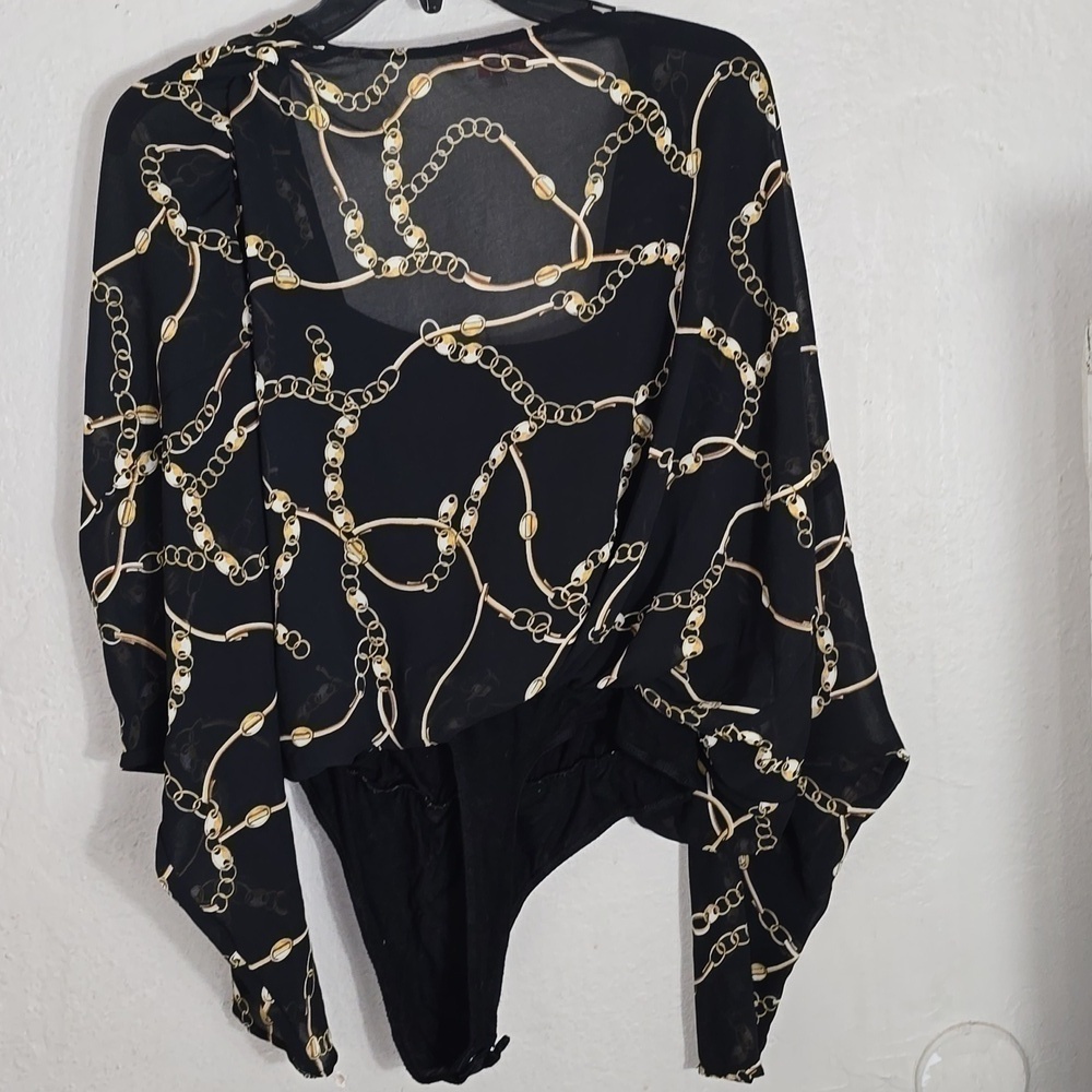 Leyden Womens Large Black Chain Print Long Sleeve Snap Bodysuit - Picture 8 of 10